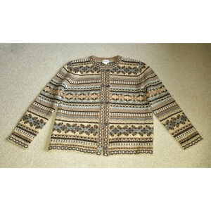 Womens Sweater-CAMBRIDGE-brown/grey fair isle wool Norwegian clasp cardigan ls-L